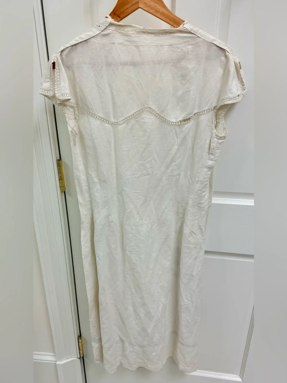 1920’s Antique Hand Embroidered Linen Chevron Lace Cottagecore Cream Lawn Dress - Picture 7 of 16